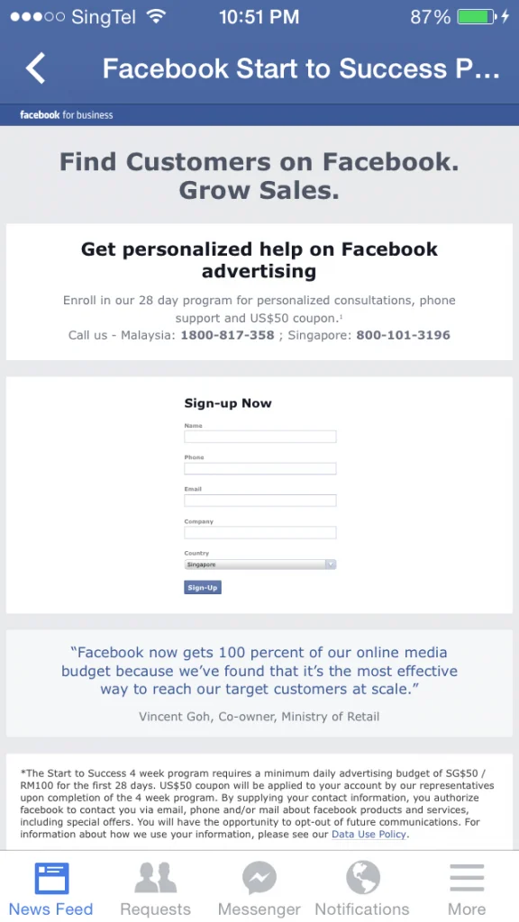 facebook for business sign up page on iOS