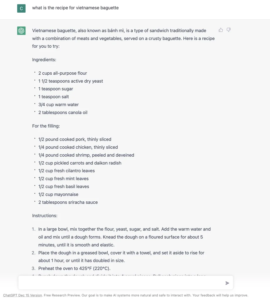 ChatGPT result for "recipe for vietnamese baguette"