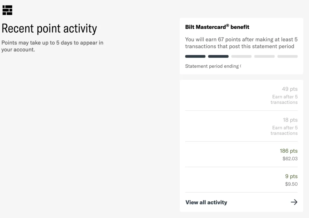 bilt credit card recent point activity