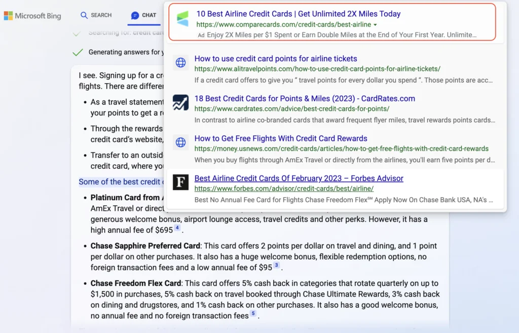 credit card ads on Bing chat Feb 2023