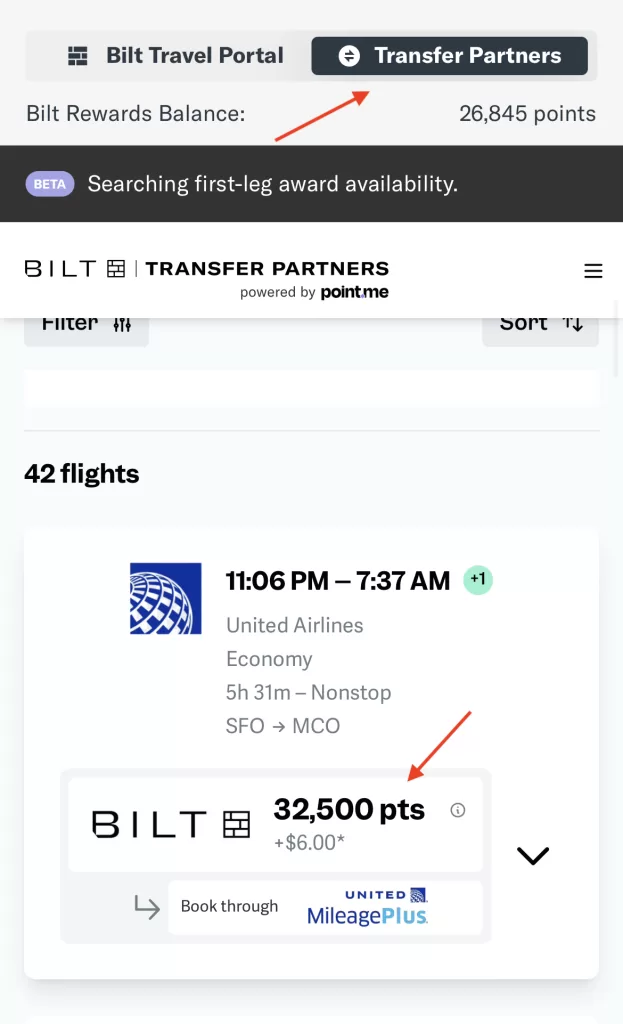 booking via Bilt transfer partner