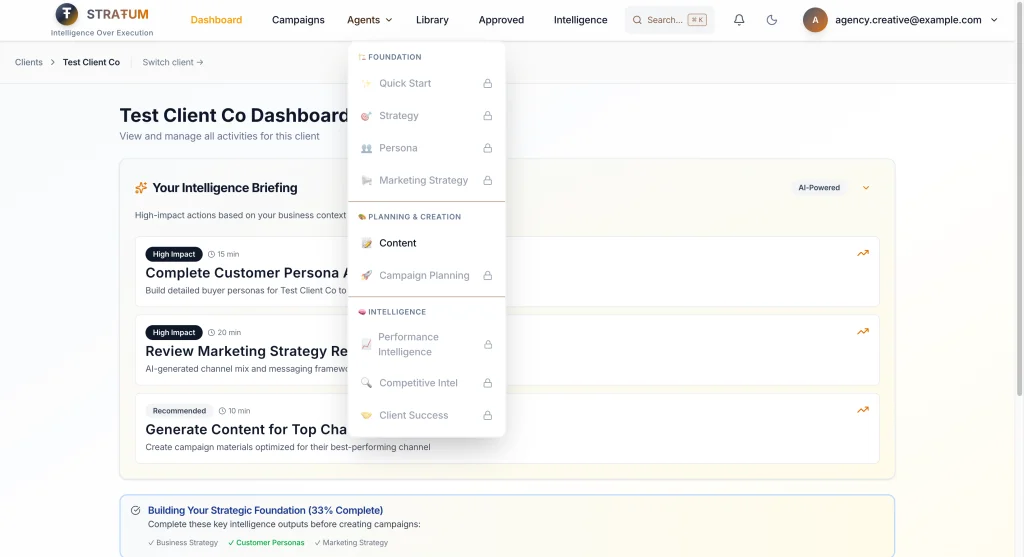 Agency Creative sees only Content agent enabled—others are visible but locked
