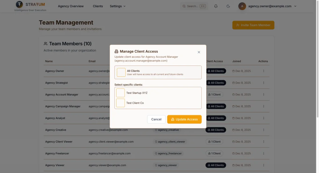 Granular client assignment: choose "All Clients" or select specific clients for each team member