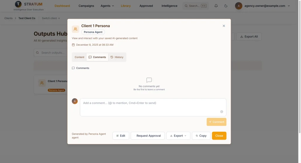 Built-in comments with @mentions—discuss work in context, not scattered across Slack