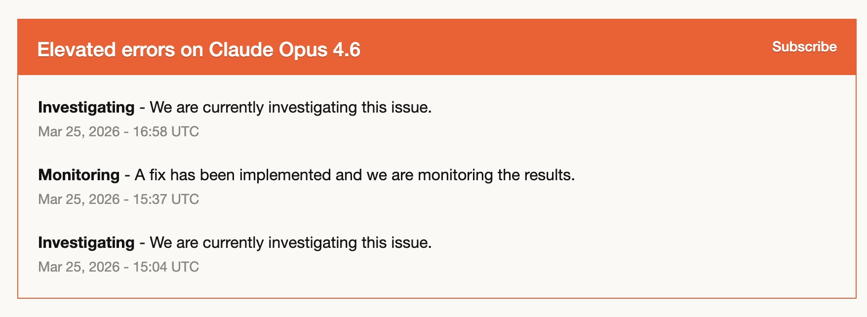 Claude Opus 4.6 elevated errors incident on Mar 25 showing investigating-fix-investigating cycle