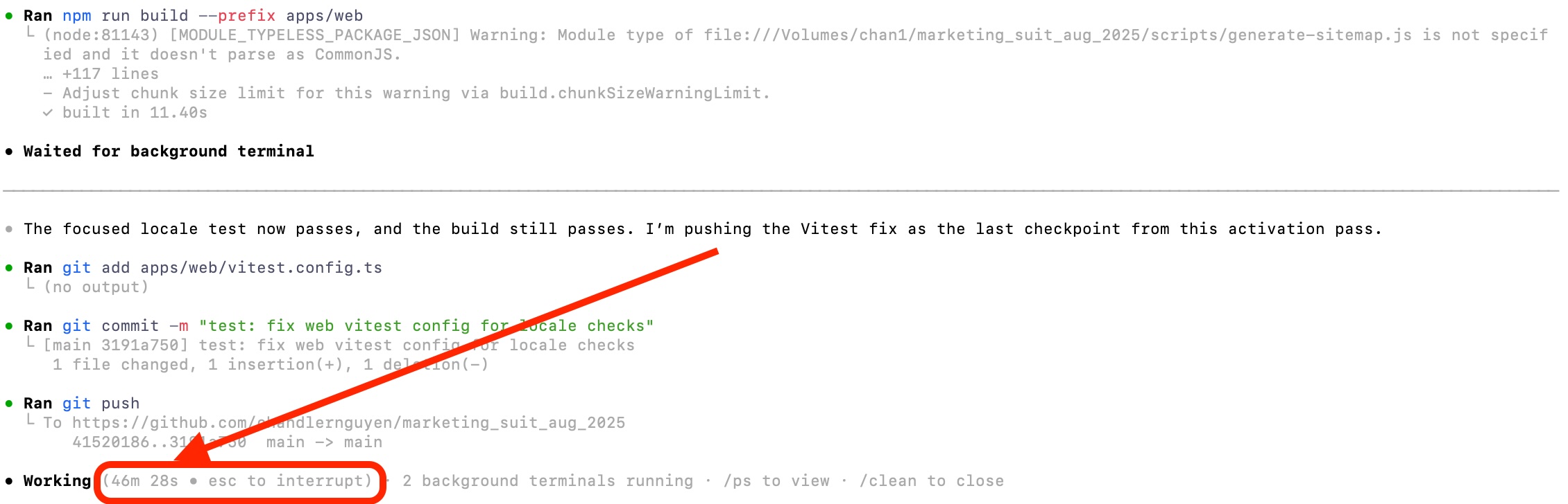 Codex CLI terminal showing GPT-5.4 executing a development plan continuously for 46 minutes — committing, testing, and pushing code