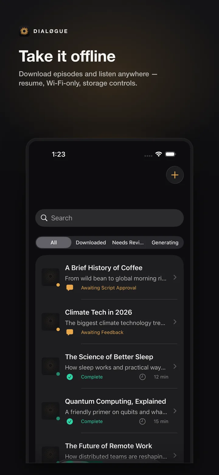 Layar offline listening DIALØGUE iOS dengan kontrol episode terunduh