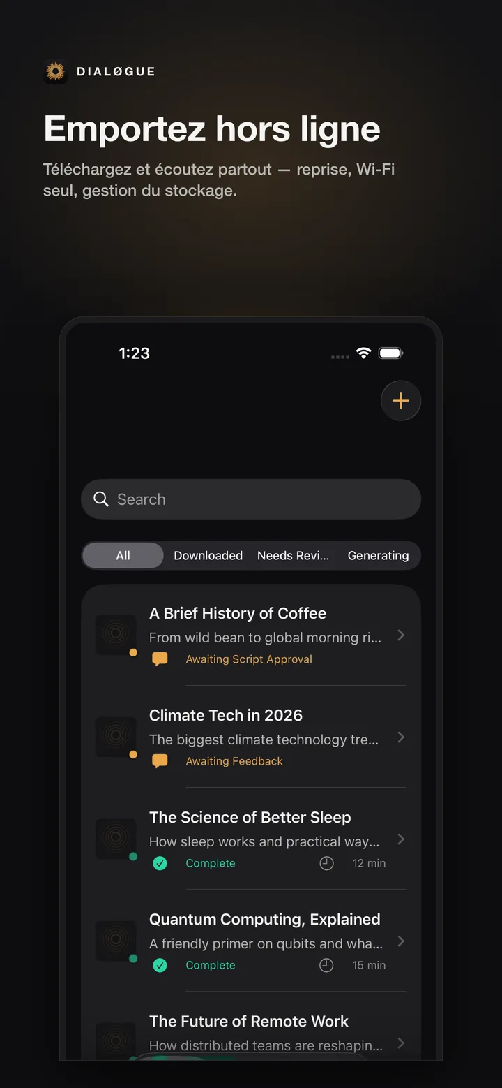 Écran d’écoute hors ligne DIALØGUE iOS avec épisode téléchargé