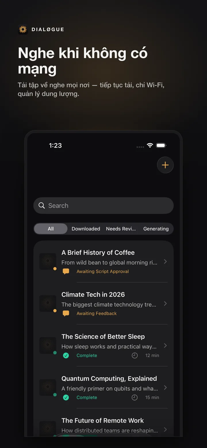 Màn hình nghe offline của DIALØGUE iOS với điều khiển episode đã tải